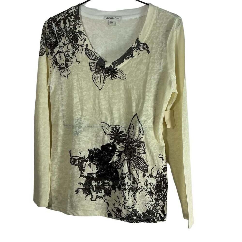 Coldwater Creek Antique Embellished Long Sleeve Graphic Tee